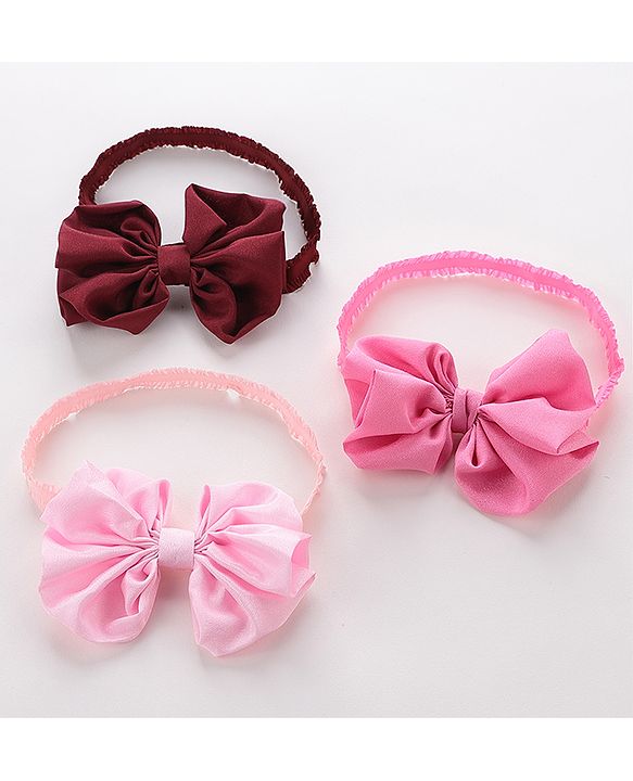 Babyhug Free Size Headbands With Bow Applique Pack of 3 - Pink & Maroon