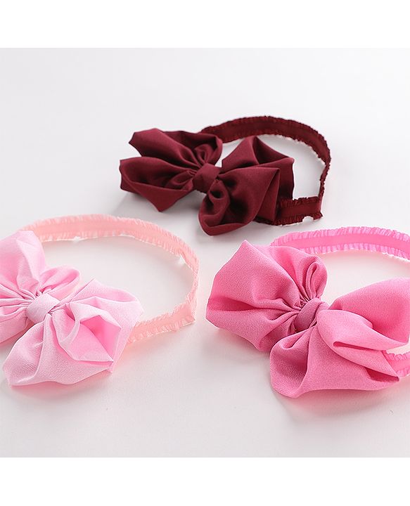 Babyhug Free Size Headbands With Bow Applique Pack of 3 - Pink & Maroon