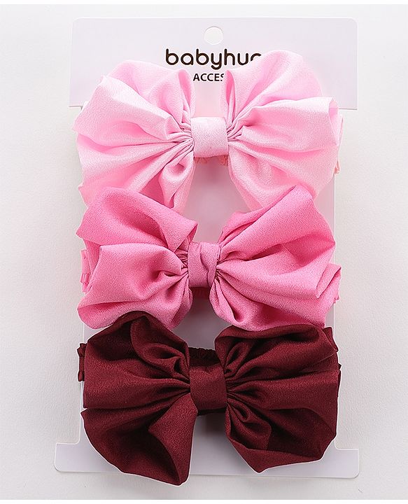 Babyhug Free Size Headbands With Bow Applique Pack of 3 - Pink & Maroon