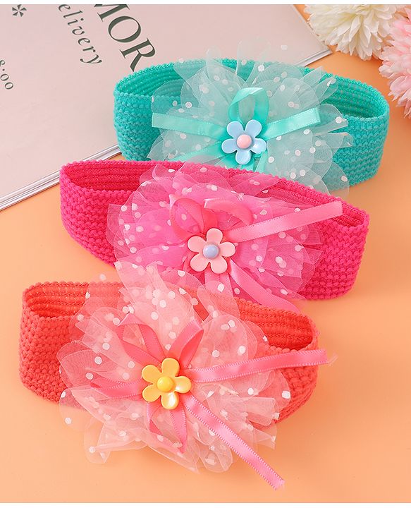 Babyhug Headbands with Floral Applique Free Size Pack of 3 - Blue Dark PInk & Orange
