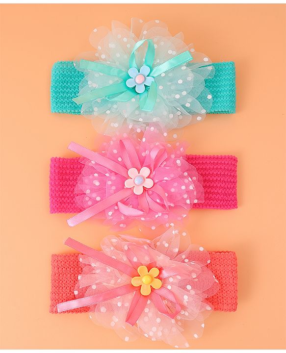Babyhug Headbands with Floral Applique Free Size Pack of 3 - Blue Dark PInk & Orange