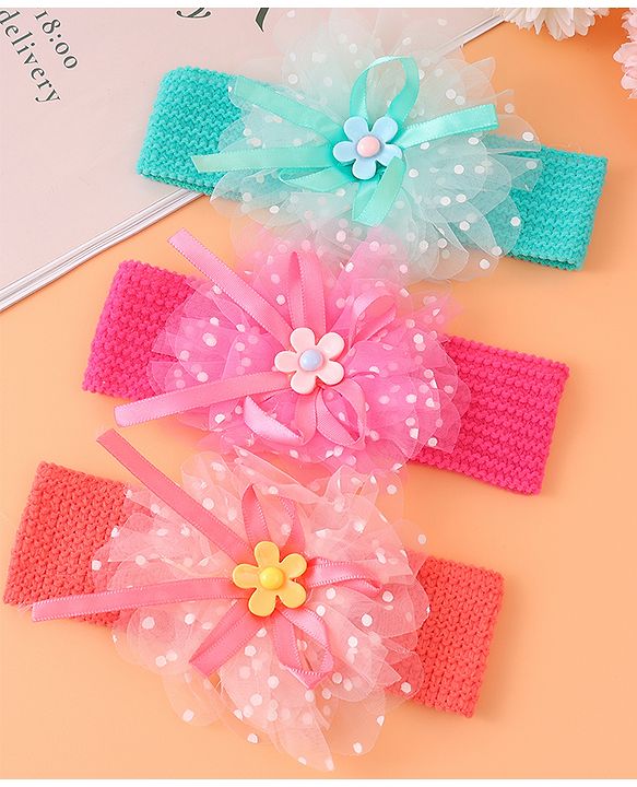 Babyhug Headbands with Floral Applique Free Size Pack of 3 - Blue Dark PInk & Orange