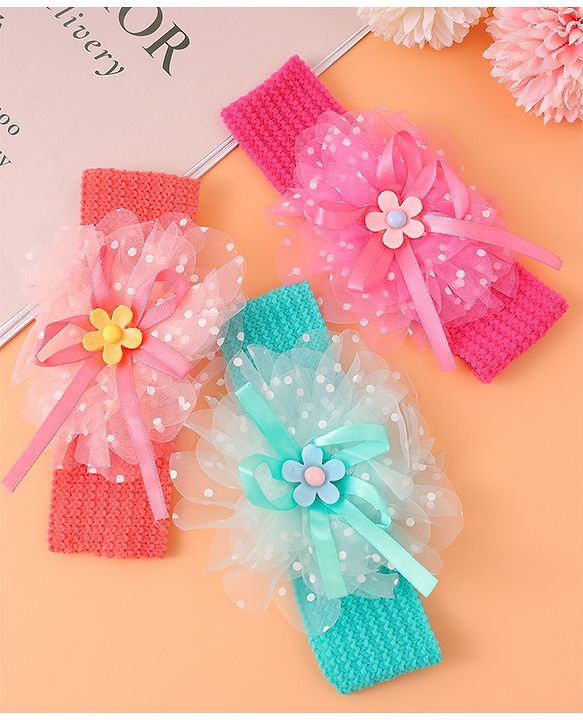 Babyhug Headbands with Floral Applique Free Size Pack of 3 - Blue Dark PInk & Orange