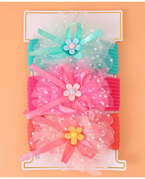 Babyhug Headbands with Floral Applique Free Size Pack of 3 - Blue Dark PInk & Orange