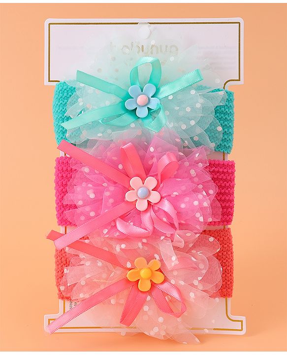 Babyhug Headbands with Floral Applique Free Size Pack of 3 - Blue Dark PInk & Orange