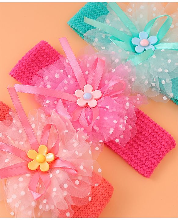 Babyhug Headbands with Floral Applique Free Size Pack of 3 - Blue Dark PInk & Orange