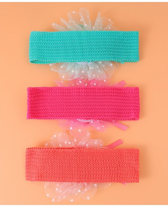 Babyhug Headbands with Floral Applique Free Size Pack of 3 - Blue Dark PInk & Orange