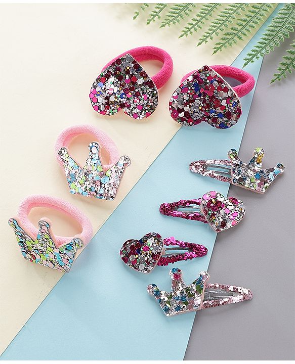 Babyhug Free Size Snap Clips with Rubber Band with Sequined Heart & Crown Applique Pack of 8 - Multicolour
