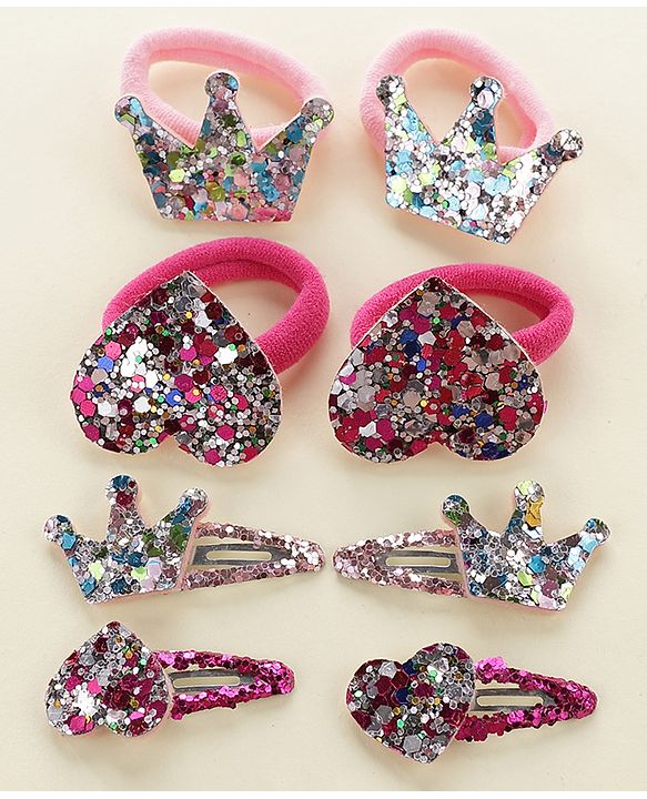 Babyhug Free Size Snap Clips with Rubber Band with Sequined Heart & Crown Applique Pack of 8 - Multicolour