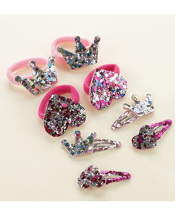 Babyhug Free Size Snap Clips with Rubber Band with Sequined Heart & Crown Applique Pack of 8 - Multicolour