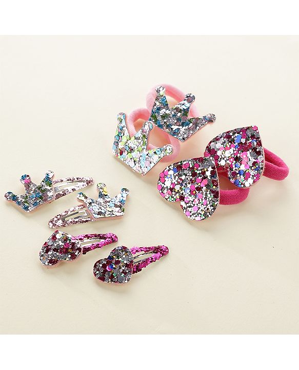 Babyhug Free Size Snap Clips with Rubber Band with Sequined Heart & Crown Applique Pack of 8 - Multicolour