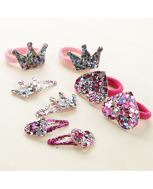 Babyhug Free Size Snap Clips with Rubber Band with Sequined Heart & Crown Applique Pack of 8 - Multicolour