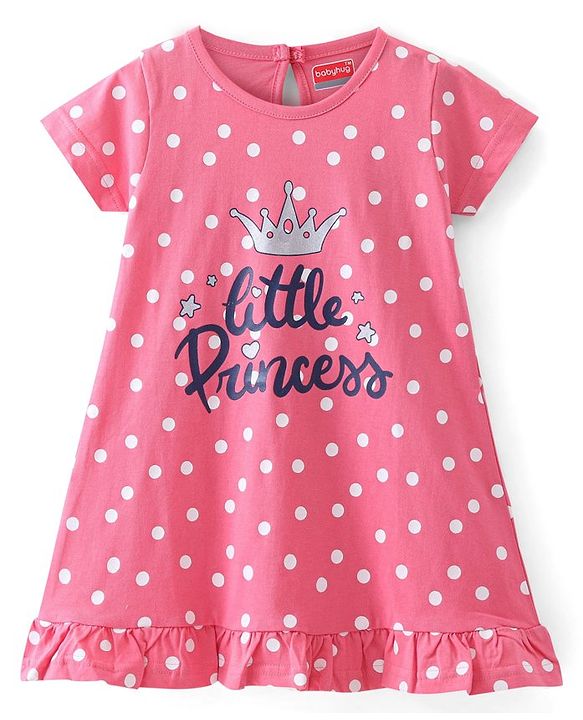 Babyhug Single Jersey Knit Half Sleeves Polka Dots & Text Printed Nighty - Pink