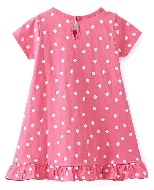 Babyhug Single Jersey Knit Half Sleeves Polka Dots & Text Printed Nighty - Pink