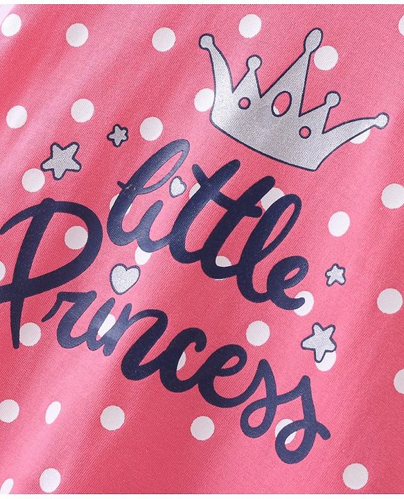 Babyhug Single Jersey Knit Half Sleeves Polka Dots & Text Printed Nighty - Pink