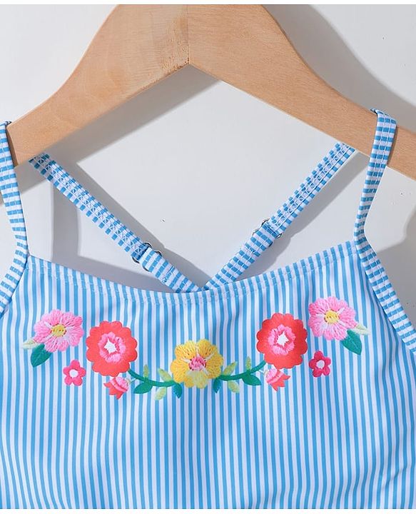 Pine Kids Sleeveless Striped Two Piece Swimsuit with Floral Embroidery & Frill Detailing - Blue