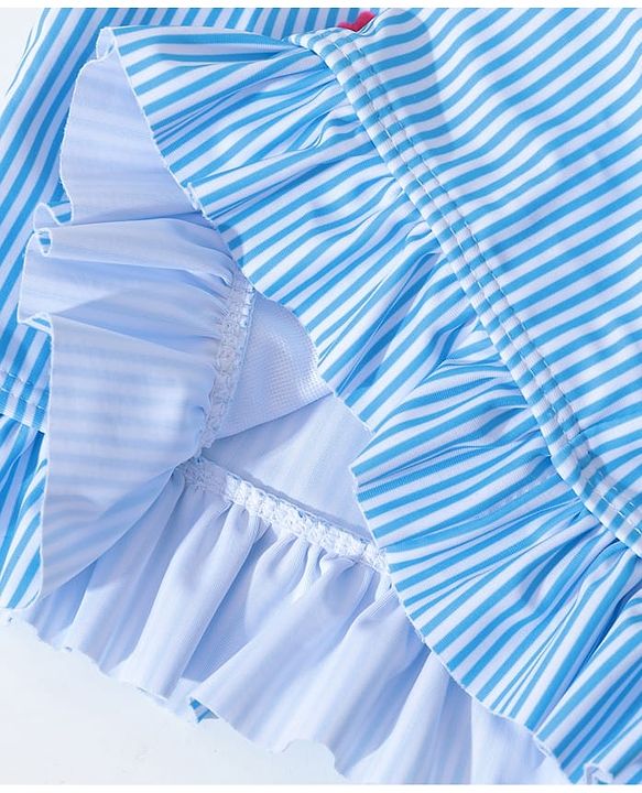 Pine Kids Sleeveless Striped Two Piece Swimsuit with Floral Embroidery & Frill Detailing - Blue
