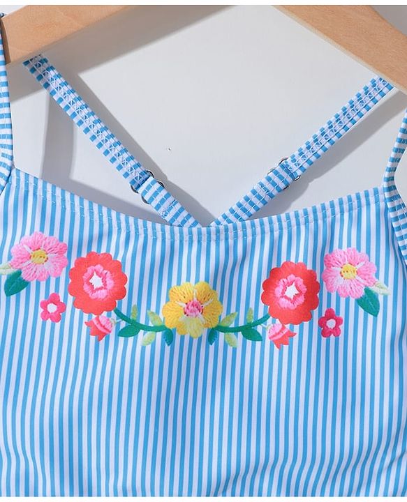Pine Kids Sleeveless Striped Two Piece Swimsuit with Floral Embroidery & Frill Detailing - Blue