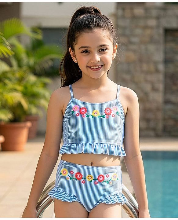 Pine Kids Sleeveless Striped Two Piece Swimsuit with Floral Embroidery & Frill Detailing - Blue