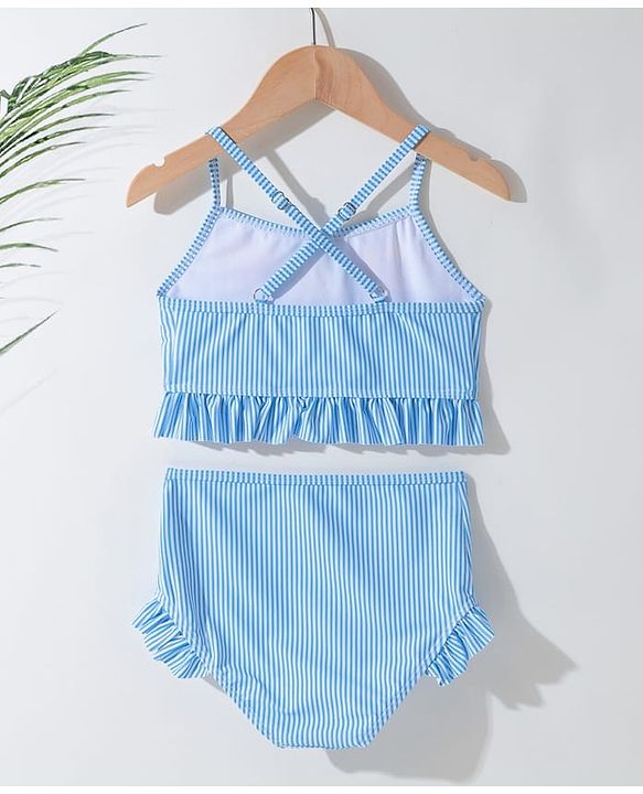 Pine Kids Sleeveless Striped Two Piece Swimsuit with Floral Embroidery & Frill Detailing - Blue