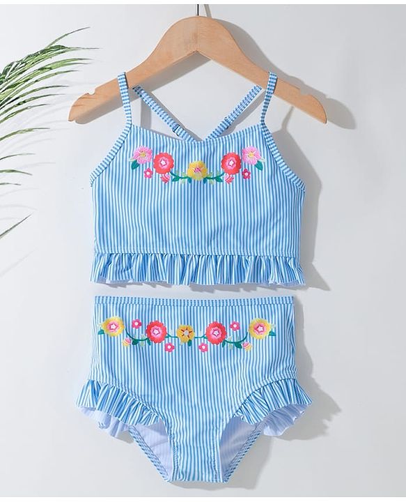 Pine Kids Sleeveless Striped Two Piece Swimsuit with Floral Embroidery & Frill Detailing - Blue