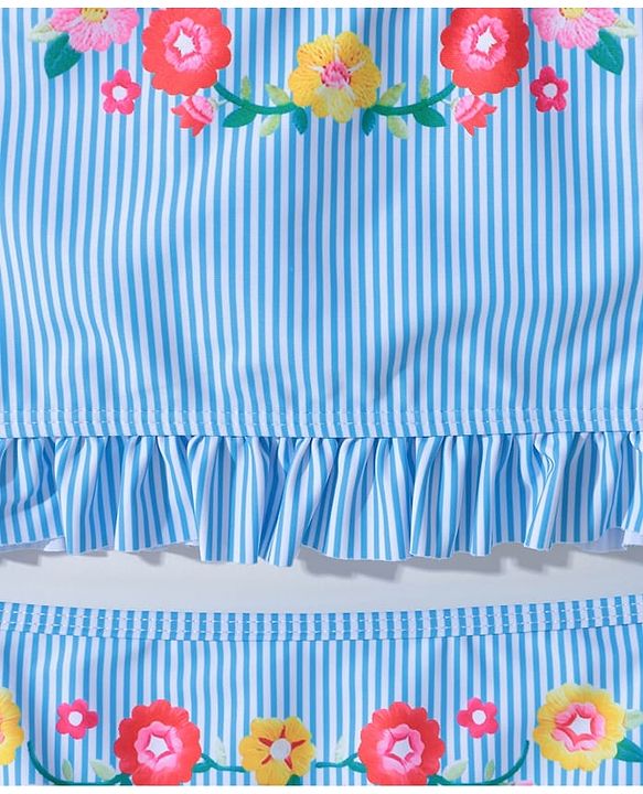 Pine Kids Sleeveless Striped Two Piece Swimsuit with Floral Embroidery & Frill Detailing - Blue