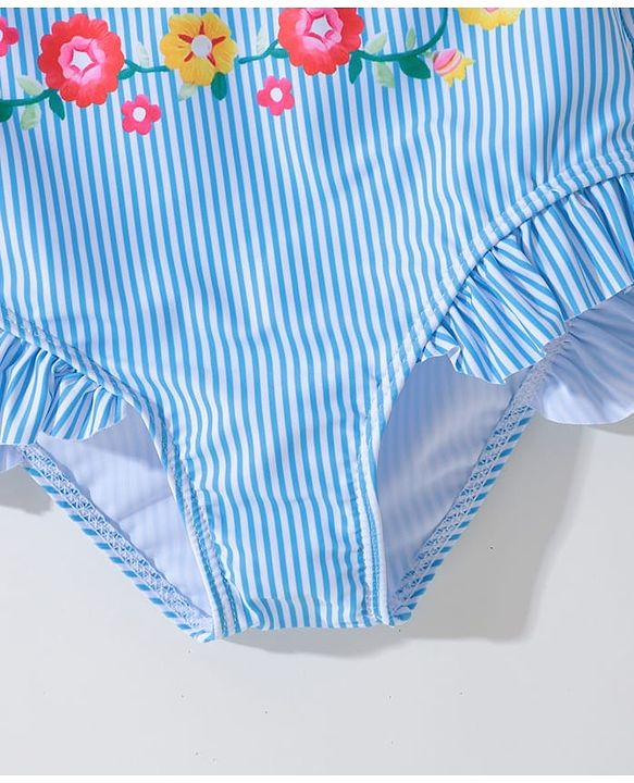 Pine Kids Sleeveless Striped Two Piece Swimsuit with Floral Embroidery & Frill Detailing - Blue