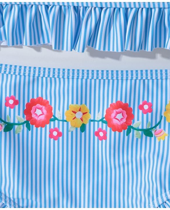 Pine Kids Sleeveless Striped Two Piece Swimsuit with Floral Embroidery & Frill Detailing - Blue