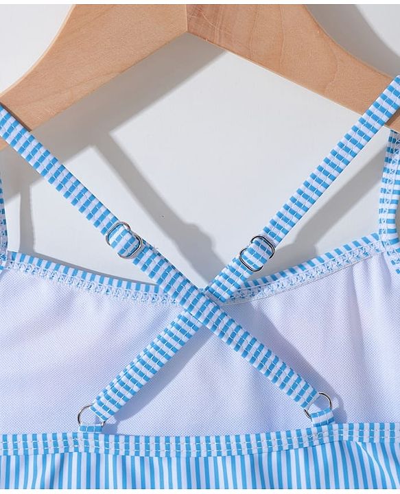 Pine Kids Sleeveless Striped Two Piece Swimsuit with Floral Embroidery & Frill Detailing - Blue