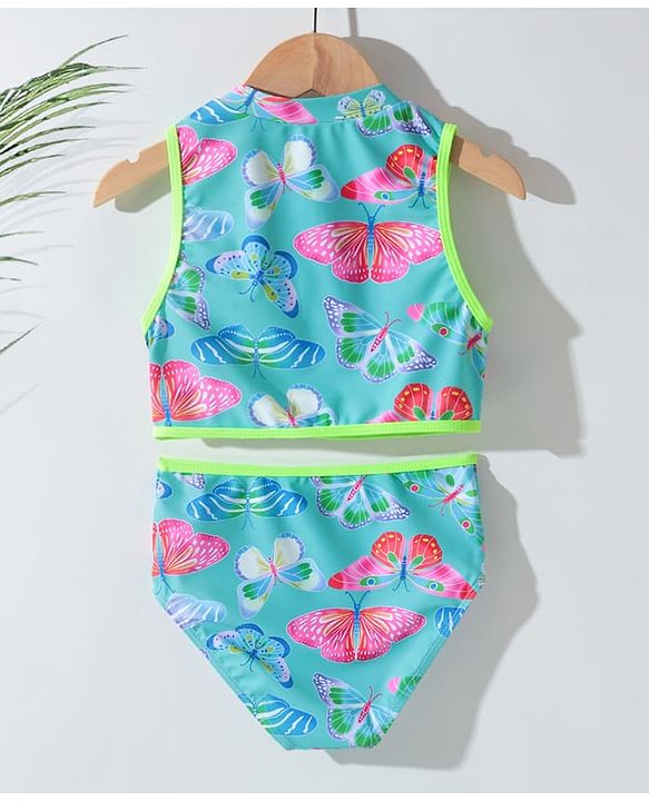 Pine Kids Sleeveless Two Piece Swimsuit with Butterfly Print - Green