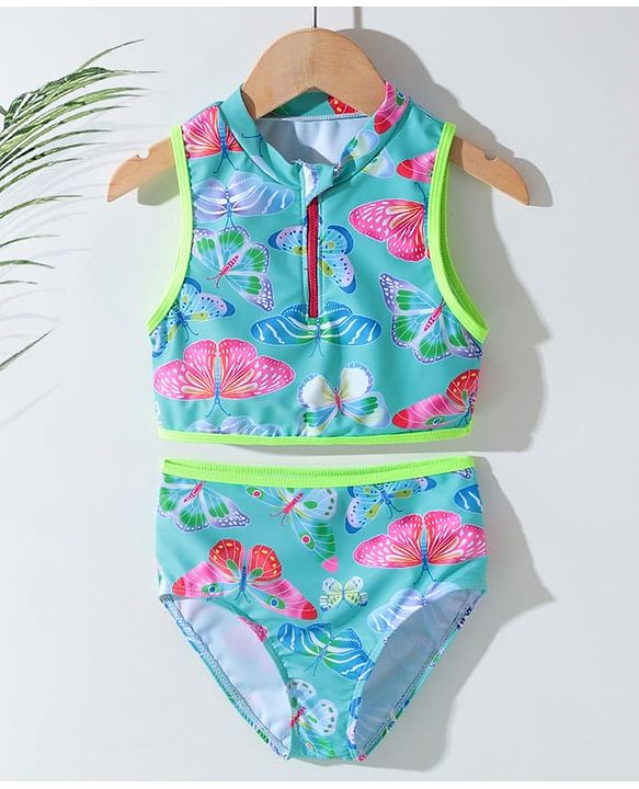 Pine Kids Sleeveless Two Piece Swimsuit with Butterfly Print - Green