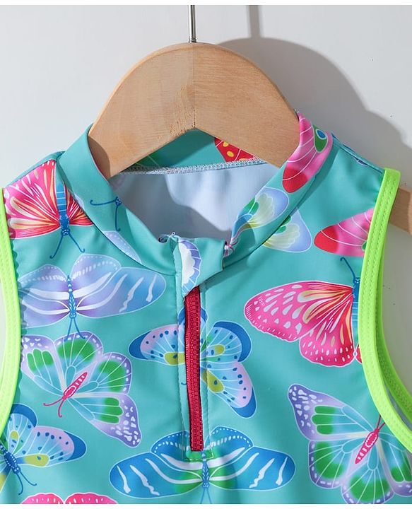 Pine Kids Sleeveless Two Piece Swimsuit with Butterfly Print - Green