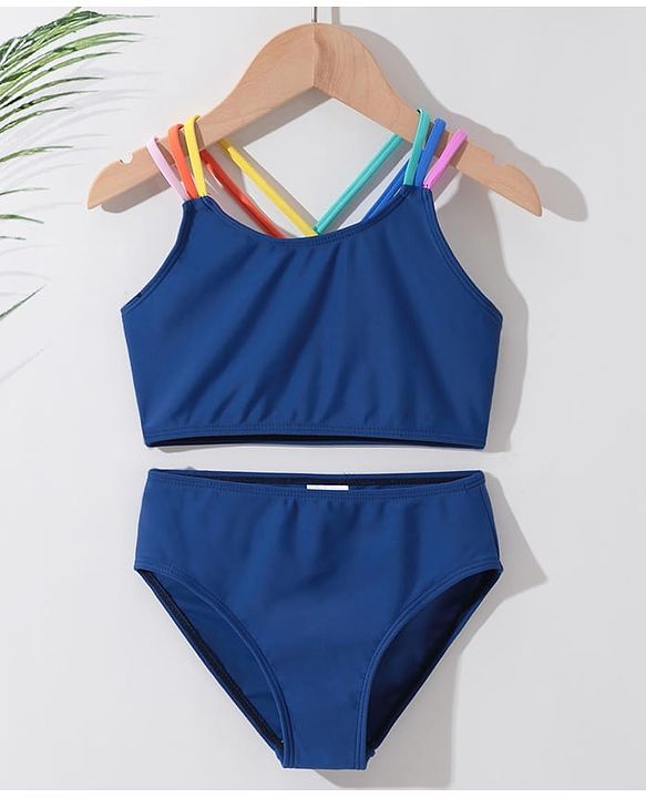 Pine Kids Sleeveless  Two Piece Swimsuit Solid Colour - Blue
