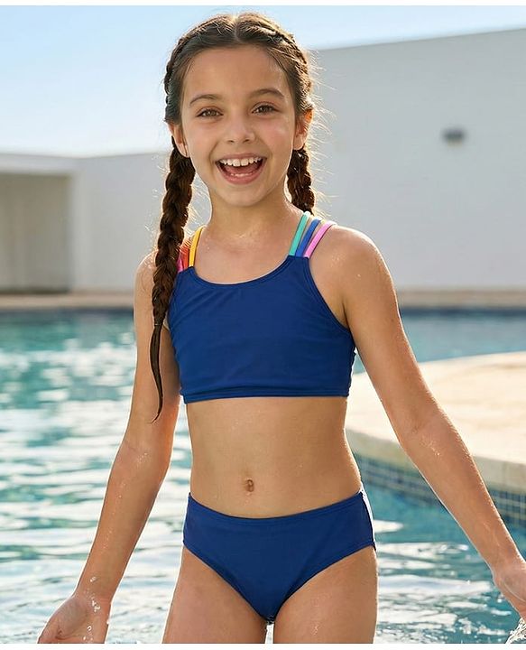 Pine Kids Sleeveless  Two Piece Swimsuit Solid Colour - Blue