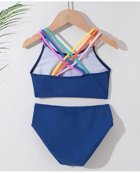 Pine Kids Sleeveless  Two Piece Swimsuit Solid Colour - Blue