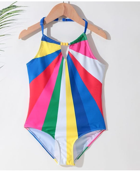 Pine Kids Sleeveless Striped V Cut Swimsuit - Multicolor