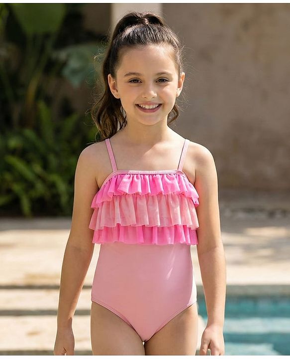 Pine Kids Sleeveless V Cut Swimsuit with Frill Detailing - Pink