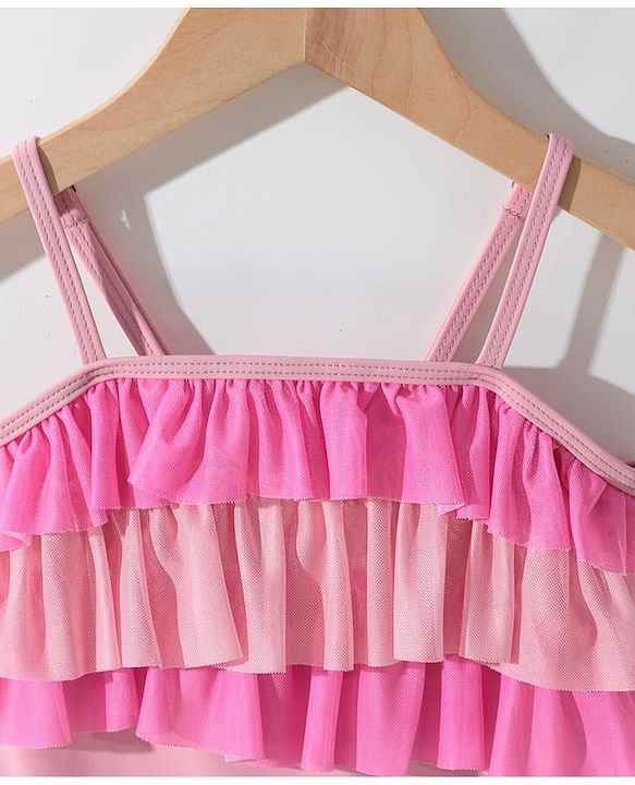 Pine Kids Sleeveless V Cut Swimsuit with Frill Detailing - Pink
