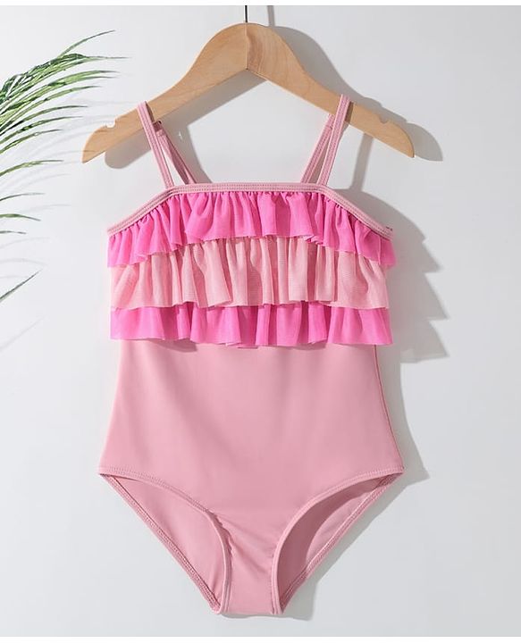 Pine Kids Sleeveless V Cut Swimsuit with Frill Detailing - Pink