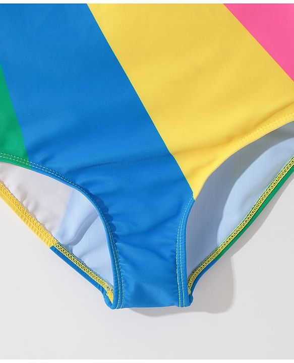 Pine Kids One Shoulder Sleeveless Striped  V Cut Swimsuit - Multicolor