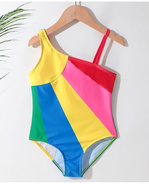 Pine Kids One Shoulder Sleeveless Striped  V Cut Swimsuit - Multicolor