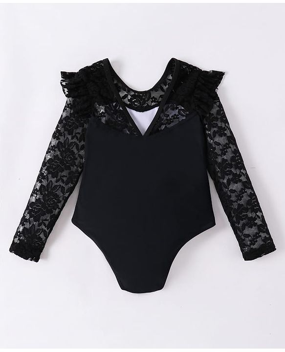 Pine Kids Full Sleeves V Cut Swimsuit With Frill Detailing - Black