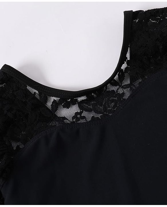 Pine Kids Full Sleeves V Cut Swimsuit With Frill Detailing - Black