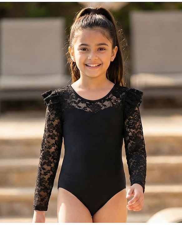Pine Kids Full Sleeves V Cut Swimsuit With Frill Detailing - Black