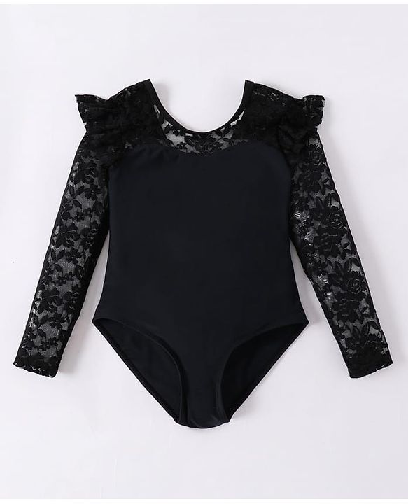 Pine Kids Full Sleeves V Cut Swimsuit With Frill Detailing - Black