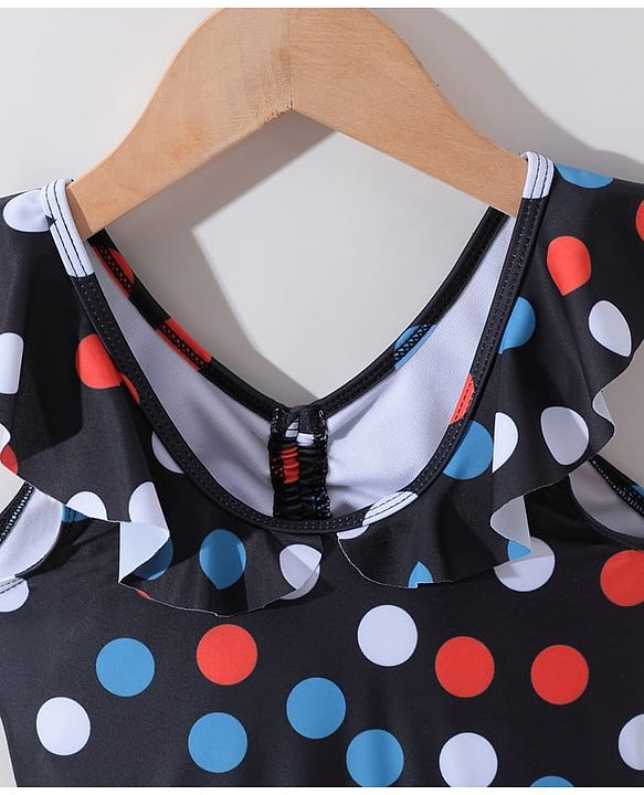 Pine Kids Sleeveless  Frock Swimsuit with Polka Dots Print - Black