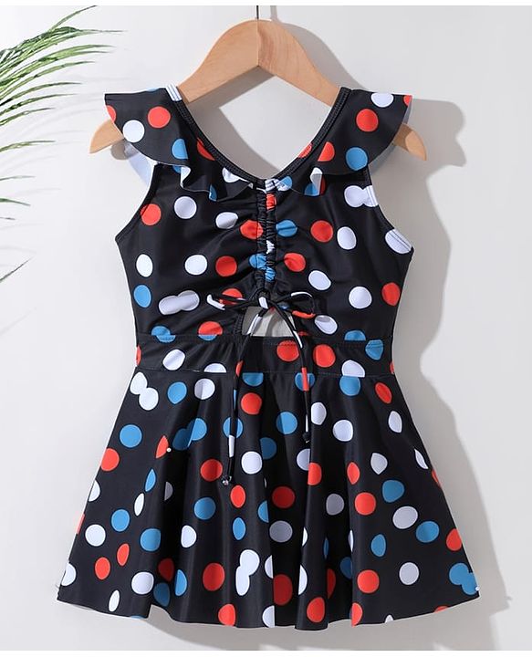 Pine Kids Sleeveless  Frock Swimsuit with Polka Dots Print - Black