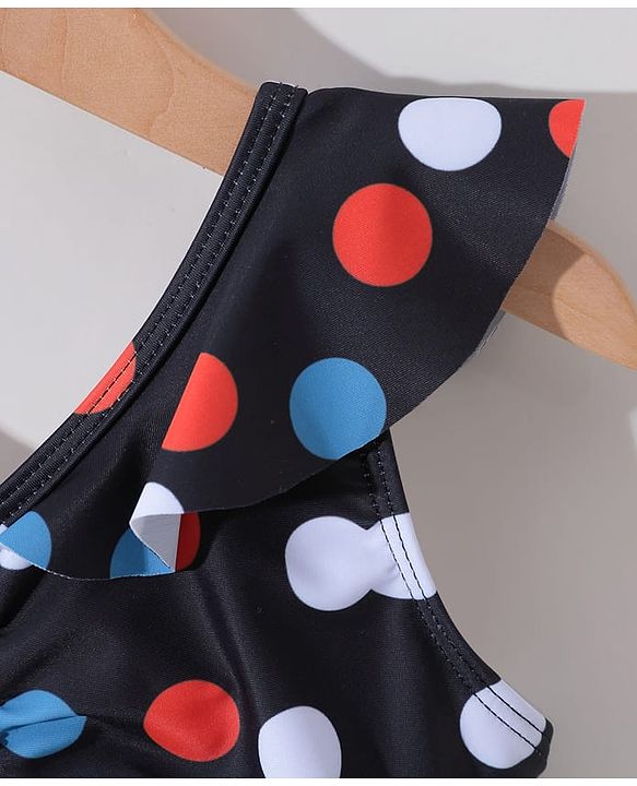 Pine Kids Sleeveless  Frock Swimsuit with Polka Dots Print - Black