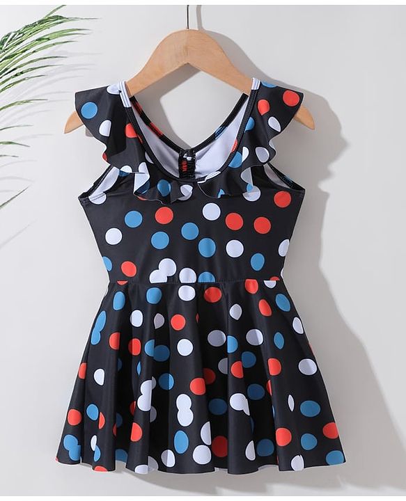 Pine Kids Sleeveless  Frock Swimsuit with Polka Dots Print - Black