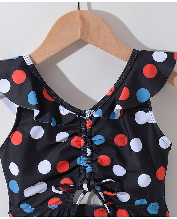 Pine Kids Sleeveless  Frock Swimsuit with Polka Dots Print - Black